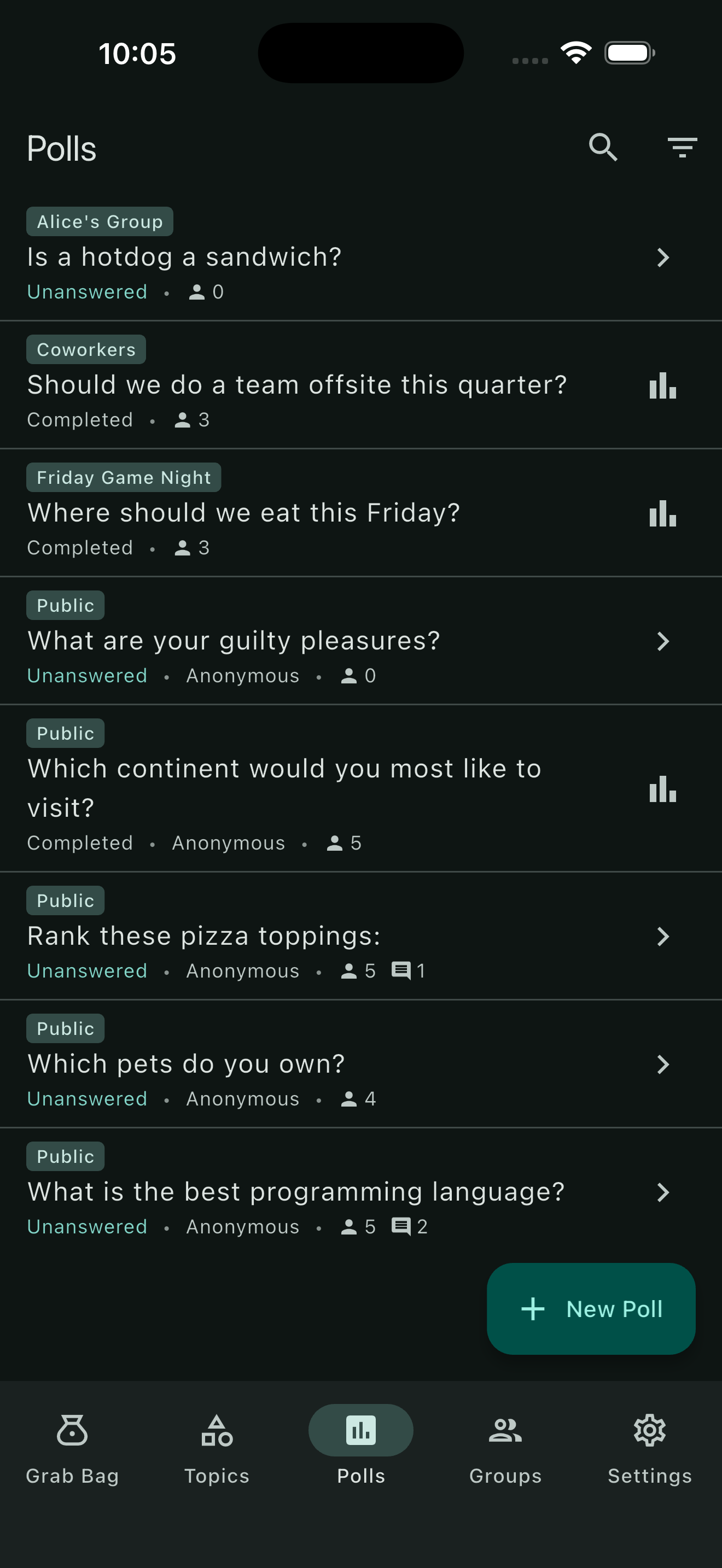Polls list screen